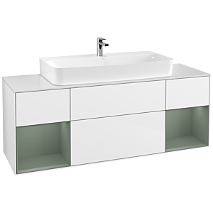 Villeroy et Boch Finion Villeroy et Boch G211GMGF 160cm, plaque de finition blanc mat, Emotion, étagères laqué olive mat, laqué blanc brillant