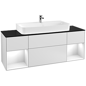 Villeroy und Boch Finion Waschtischunterschrank G212GFMT 160cm, Abdeckplatte black matt, Emotion, Regale Glossy white lacquer, White matt lacquer