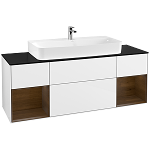 Villeroy und Boch Finion Waschtischunterschrank G212GNGF 160cm, Abdeckplatte black matt, Emotion, Regale Walnut veneer, Glossy white lacquer