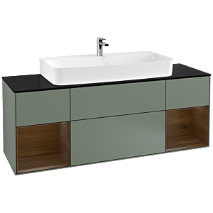Villeroy und Boch Finion Waschtischunterschrank G212GNGM 160cm, Abdeckplatte black matt, Emotion, Regale Walnut veneer, Olive Matt Lacquer