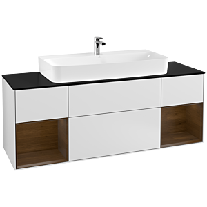 Villeroy und Boch Finion Waschtischunterschrank G212GNMT 160cm, Abdeckplatte black matt, Emotion, Regale Walnut veneer, White matt lacquer