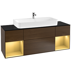 Villeroy und Boch Finion Waschtischunterschrank G212HFGN 160cm, Abdeckplatte black matt, Emotion, Regale Gold matt lacquer, Walnut veneer