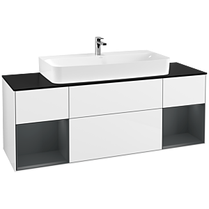 Villeroy und Boch Finion Waschtischunterschrank G212HGGF 160cm, Abdeckplatte black matt, Emotion, Regale Midnight matt lacquer, Glossy white lacquer