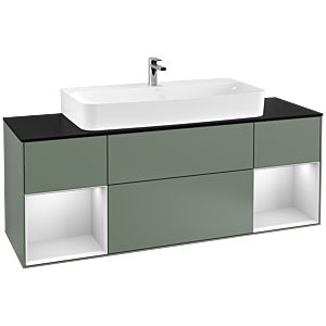 Villeroy und Boch Finion Waschtischunterschrank G212MTGM 160cm, Abdeckplatte black matt, Emotion, Regale White matt lacquer, Olive Matt Lacquer