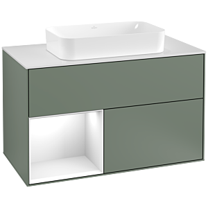 Villeroy et Boch Finion Villeroy et Boch G241GFGM 100cm, plaque de finition blanc mat, Emotion, étagère gauche laqué blanc brillant, Olive Matt Lacquer