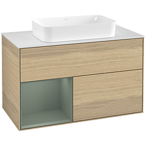 Villeroy und Boch Finion Waschtischunterschrank G241GMPC 100cm, Abdeckplatte white matt, Emotion, Regal links Olive Matt Lacquer, Oak Veneer