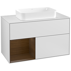 Villeroy und Boch Finion Waschtischunterschrank G241GNMT 100cm, Abdeckplatte white matt, Emotion, Regal links Walnut veneer, White matt lacquer