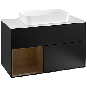 Villeroy und Boch Finion Waschtischunterschrank G241GNPD 100cm, Abdeckplatte white matt, Emotion, Regal links Walnut veneer, Black matt lacquer