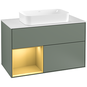 Villeroy et Boch Finion Villeroy et Boch G241HFGM 100cm, plaque de recouvrement blanc mat, Emotion, étagère gauche or mat, Olive Matt Lacquer