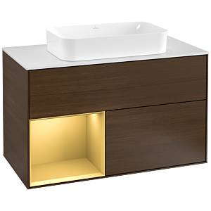 Villeroy und Boch Finion Waschtischunterschrank G241HFGN 100cm, Abdeckplatte white matt, Emotion, Regal links Gold matt, Walnut veneer