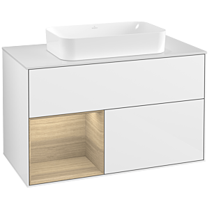 Villeroy und Boch Finion Waschtischunterschrank G241PCGF 100cm, Abdeckplatte white matt, Emotion, Regal links Oak Veneer, Glossy white lacquer