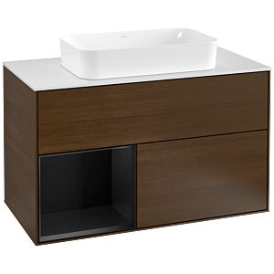 Villeroy et Boch Finion Villeroy et Boch G241PDGN 100cm, plaque de recouvrement blanc mat, Emotion, étagère à gauche laqué noir mat, placage noyer