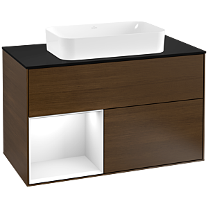 Villeroy et Boch Finion Villeroy et Boch G242GFGN 100cm, plaque de finition noir mat, Emotion, étagère gauche laqué blanc brillant, placage noyer