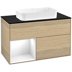 Villeroy and Boch Finion Villeroy and Boch Finion G242GFPC 100cm, cover plate black matt, Emotion, shelf left Glossy white lacquer, Oak Veneer