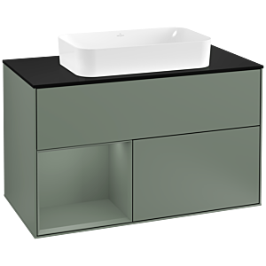 Villeroy und Boch Finion Waschtischunterschrank G242GMGM 100cm, Abdeckplatte black matt, Emotion, Regal links Olive Matt Lacquer, Olive Matt Lacquer