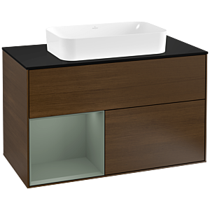 Villeroy und Boch Finion Waschtischunterschrank G242GMGN 100cm, Abdeckplatte black matt, Emotion, Regal links Olive Matt Lacquer, Walnut veneer