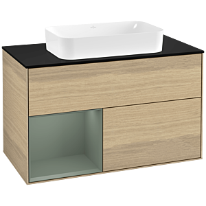 Villeroy und Boch Finion Waschtischunterschrank G242GMPC 100cm, Abdeckplatte black matt, Emotion, Regal links Olive Matt Lacquer, Oak Veneer