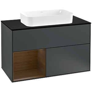 Villeroy und Boch Finion Waschtischunterschrank G242GNHG 100cm, Abdeckplatte black matt, Emotion, Regal links Walnut veneer, Midnight Blue Matt Lacquer