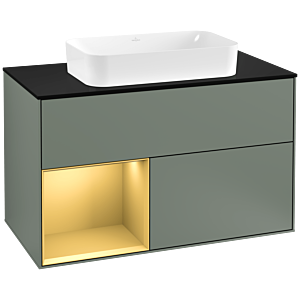 Villeroy et Boch Finion Villeroy et Boch G242HFGM 100cm, plaque de finition noir mat, Emotion, étagère gauche or mat, Olive Matt Lacquer