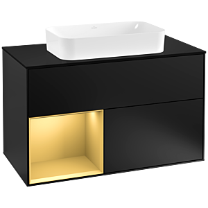 Villeroy und Boch Finion Waschtischunterschrank G242HFPD 100cm, Abdeckplatte black matt, Emotion, Regal links Gold matt, Black matt lacquer