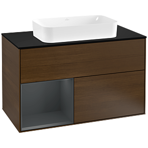 Villeroy und Boch Finion Waschtischunterschrank G242HGGN 100cm, Abdeckplatte black matt, Emotion, Regal links Midnight Blue Matt Lacquer, Walnut veneer