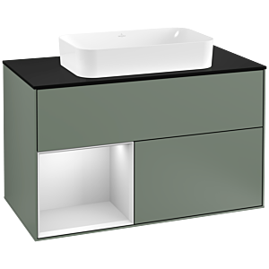 Villeroy und Boch Finion Waschtischunterschrank G242MTGM 100cm, Abdeckplatte black matt, Emotion, Regal links White matt lacquer, Olive Matt Lacquer