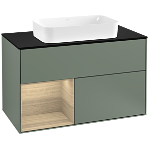 Villeroy und Boch Finion Waschtischunterschrank G242PCGM 100cm, Abdeckplatte black matt, Emotion, Regal links Oak Veneer, Olive Matt Lacquer