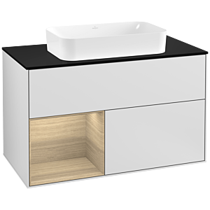 Villeroy und Boch Finion Waschtischunterschrank G242PCMT 100cm, Abdeckplatte black matt, Emotion, Regal links Oak Veneer, White matt lacquer