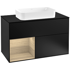 Villeroy und Boch Finion Waschtischunterschrank G242PCPD 100cm, Abdeckplatte black matt, Emotion, Regal links Oak Veneer, Black matt lacquer