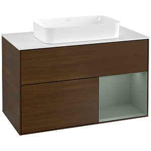 Villeroy und Boch Finion Waschtischunterschrank G251GMGN 100cm, Abdeckplatte white matt, Emotion, Regal rechts Olive Matt Lacquer, Walnut veneer