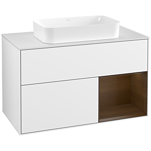 Villeroy und Boch Finion Waschtischunterschrank G251GNGF 100cm, Abdeckplatte white matt, Emotion, Regal rechts Walnut veneer, Glossy white lacquer