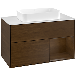 Villeroy und Boch Finion Waschtischunterschrank G251GNGN 100cm, Abdeckplatte white matt, Emotion, Regal rechts Walnut veneer, Walnut veneer