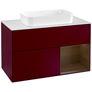 Villeroy und Boch Finion Waschtischunterschrank G251GNHB 100cm, Abdeckplatte white matt, Emotion, Regal rechts Walnut veneer, Peony Matt