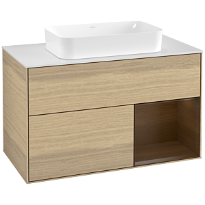 Villeroy und Boch Finion Waschtischunterschrank G251GNPC 100cm, Abdeckplatte white matt, Emotion, Regal rechts Walnut veneer, Oak Veneer