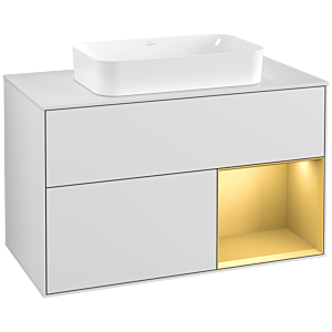 Villeroy et Boch Finion Villeroy et Boch G251HFMT 100cm, plaque de finition blanc mat, Emotion, étagère à droite or mat, laqué blanc mat