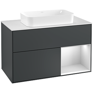 Villeroy et Boch Finion Villeroy et Boch G251MTHG 100cm, plaque de finition blanc mat, Emotion, étagère à droite laqué blanc mat, Midnight Blue Matt Lacquer