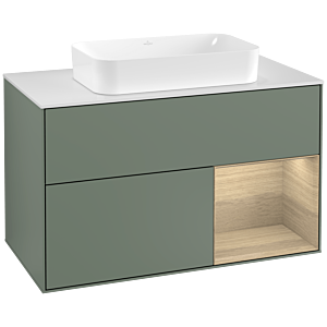 Villeroy und Boch Finion Waschtischunterschrank G251PCGM 100cm, Abdeckplatte white matt, Emotion, Regal rechts Oak Veneer, Olive Matt Lacquer