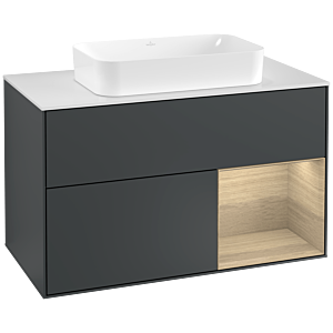 Villeroy und Boch Finion Waschtischunterschrank G251PCHG 100cm, Abdeckplatte white matt, Emotion, Regal rechts Oak Veneer, Midnight Blue Matt Lacquer