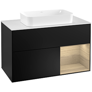 Villeroy und Boch Finion Waschtischunterschrank G251PCPD 100cm, Abdeckplatte white matt, Emotion, Regal rechts Oak Veneer, Black matt lacquer