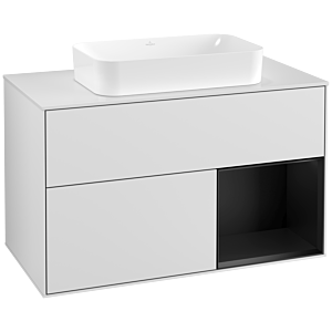 Villeroy et Boch Finion Villeroy et Boch G251PDMT 100cm, plaque de recouvrement blanc mat, Emotion, étagère à droite laqué noir mat, laqué blanc mat