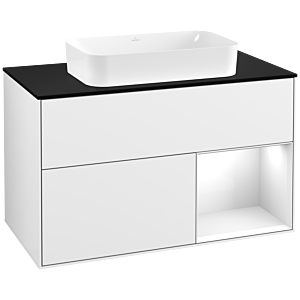 Villeroy et Boch Finion Villeroy et Boch G252GFGF 100cm, plaque de finition noire mate, Emotion, étagère à droite Laque blanc brillant, Laque blanc brillant