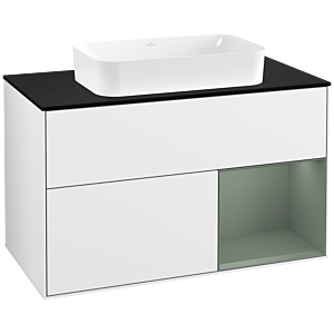 Villeroy und Boch Finion Waschtischunterschrank G252GMGF 100cm, Abdeckplatte black matt, Emotion, Regal rechts Olive Matt Lacquer, Glossy white lacquer