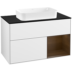 Villeroy und Boch Finion Waschtischunterschrank G252GNGF 100cm, Abdeckplatte black matt, Emotion, Regal rechts Walnut veneer, Glossy white lacquer