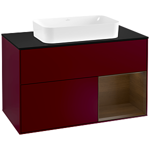 Villeroy und Boch Finion Waschtischunterschrank G252GNHB 100cm, Abdeckplatte black matt, Emotion, Regal rechts Walnut veneer, Peony Matt