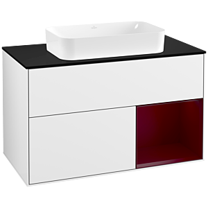 Villeroy et Boch Finion Villeroy et Boch G252HBGF 100cm, plaque de finition noir mat, Emotion, étagère à droite Peony , laqué blanc brillant