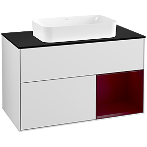 Villeroy et Boch Finion Villeroy et Boch G252HBMT 100cm, plaque de finition noir mat, Emotion, étagère à droite Peony , laqué blanc mat