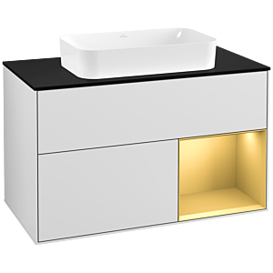 Villeroy et Boch Finion Villeroy et Boch G252HFMT 100cm, plaque de finition noir mat, Emotion, étagère droite or mat, laqué blanc mat