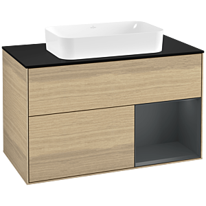 Villeroy et Boch Finion Villeroy et Boch G252HGPC 100cm, plaque de finition noir mat, Emotion, étagère à droite Midnight Blue Matt Lacquer , Oak Veneer