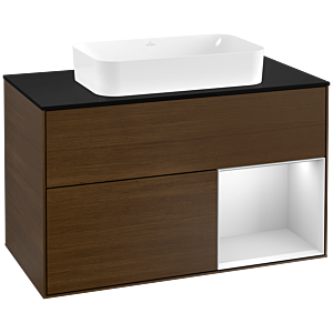 Villeroy und Boch Finion Waschtischunterschrank G252MTGN 100cm, Abdeckplatte black matt, Emotion, Regal rechts White matt lacquer, Walnut veneer