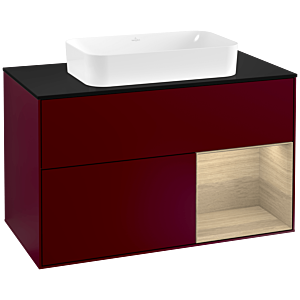 Villeroy und Boch Finion Waschtischunterschrank G252PCHB 100cm, Abdeckplatte black matt, Emotion, Regal rechts Oak Veneer, Peony Matt